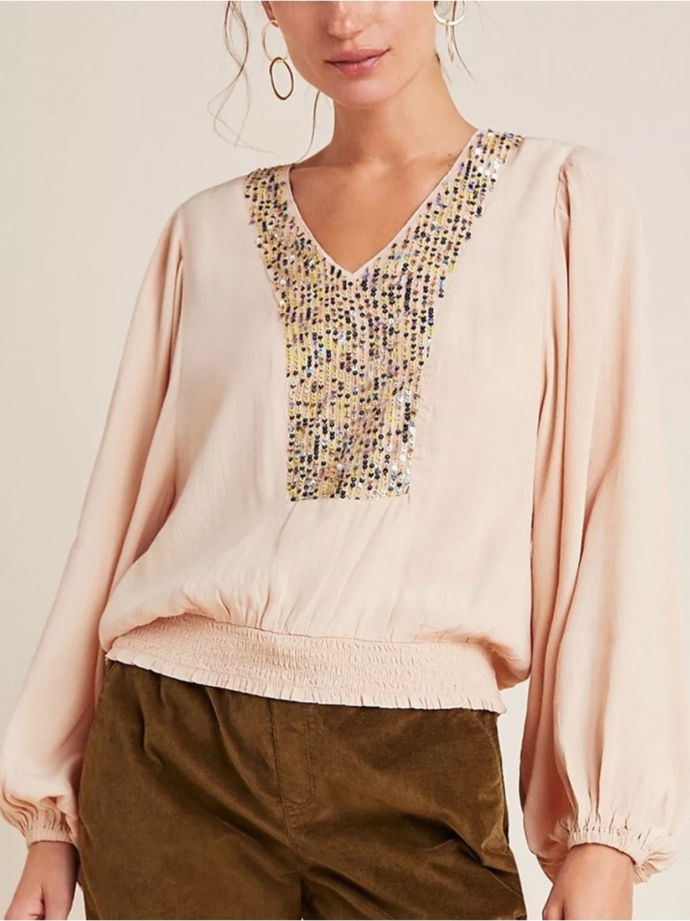 Maeve Anthropologie Kristie Sequined Peasant Blush Beige Blouse Size MP
